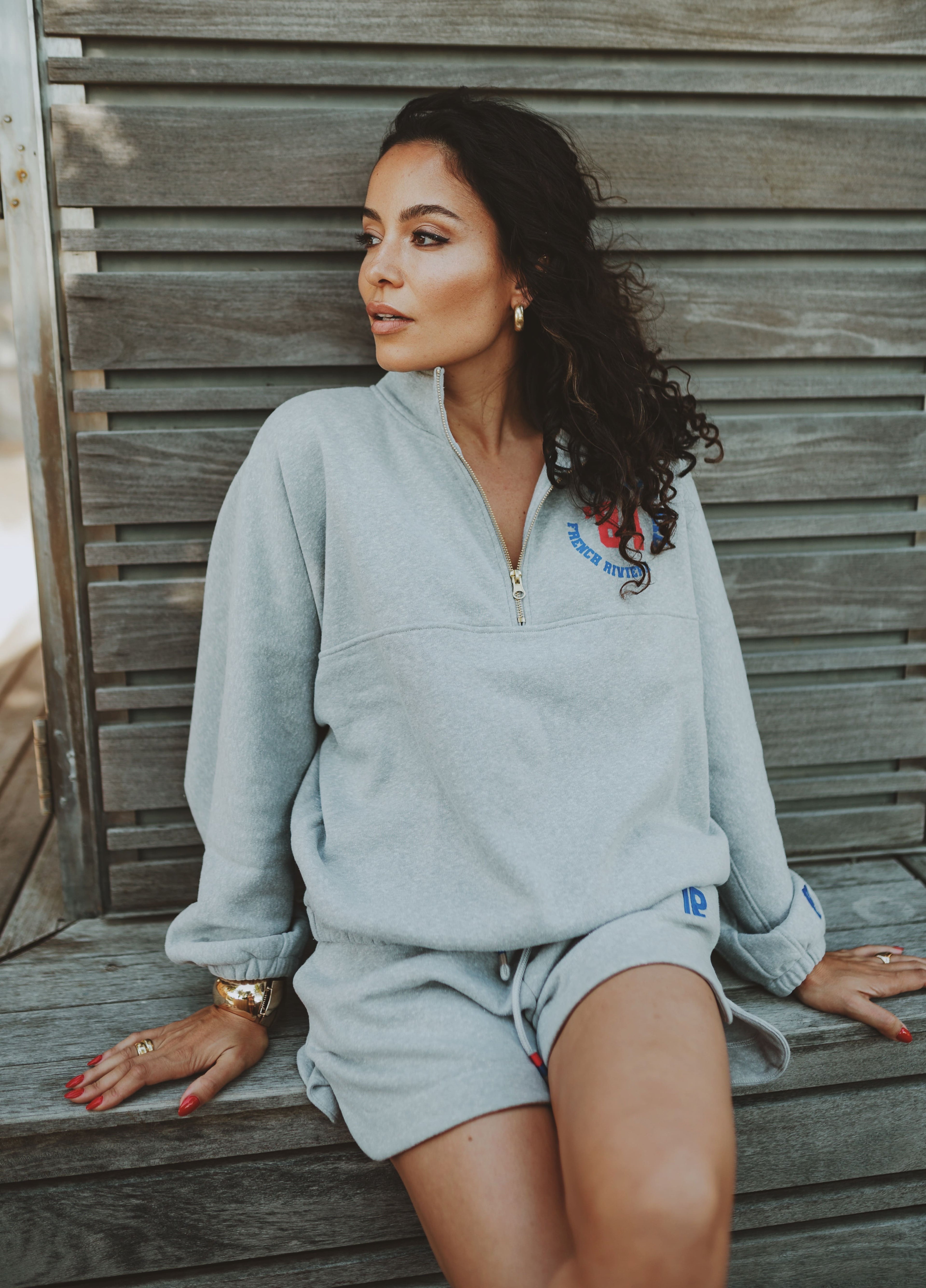 Zipped Sweater light grey melee with print 84