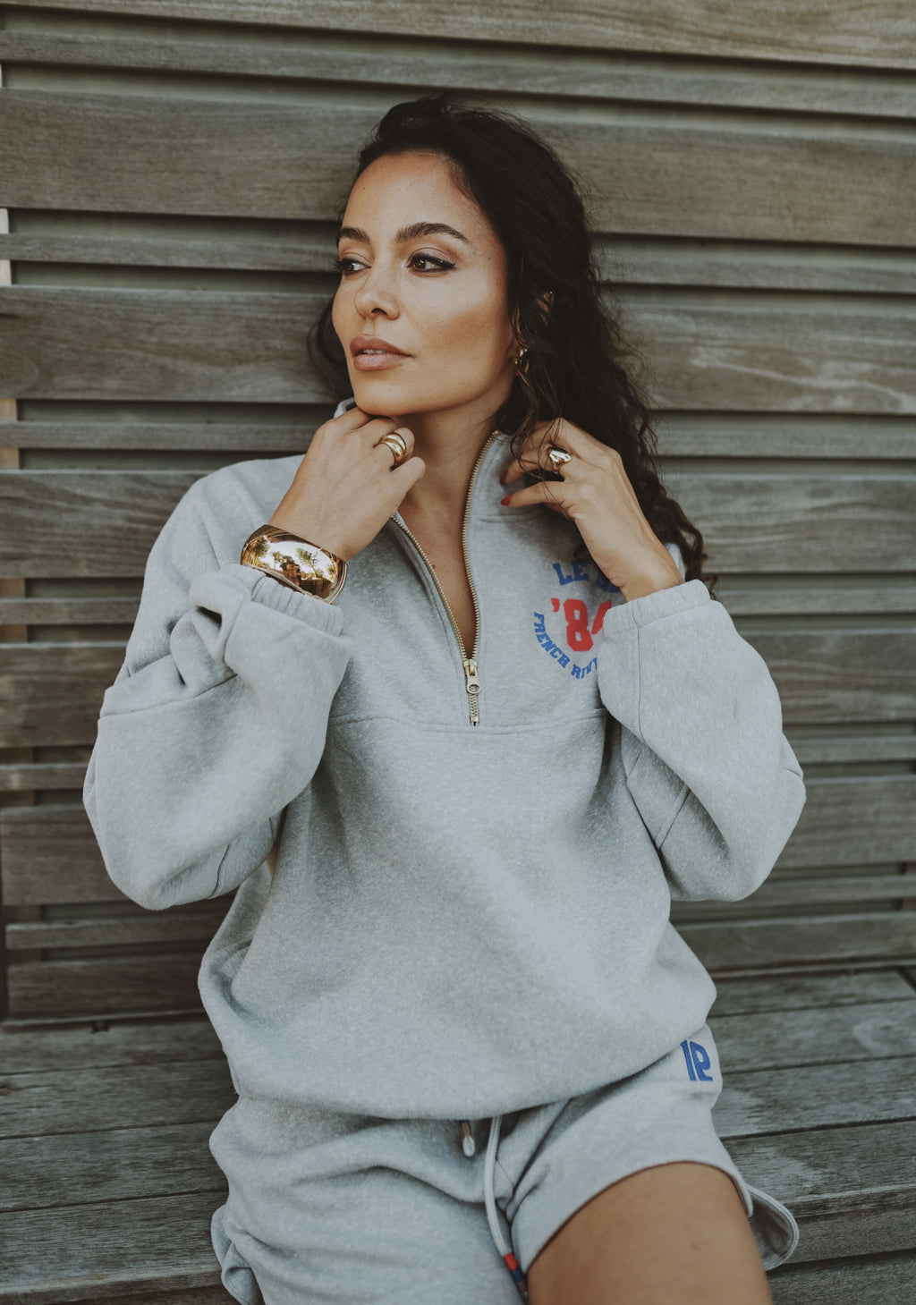 Zipped Sweater light grey melee with print 84