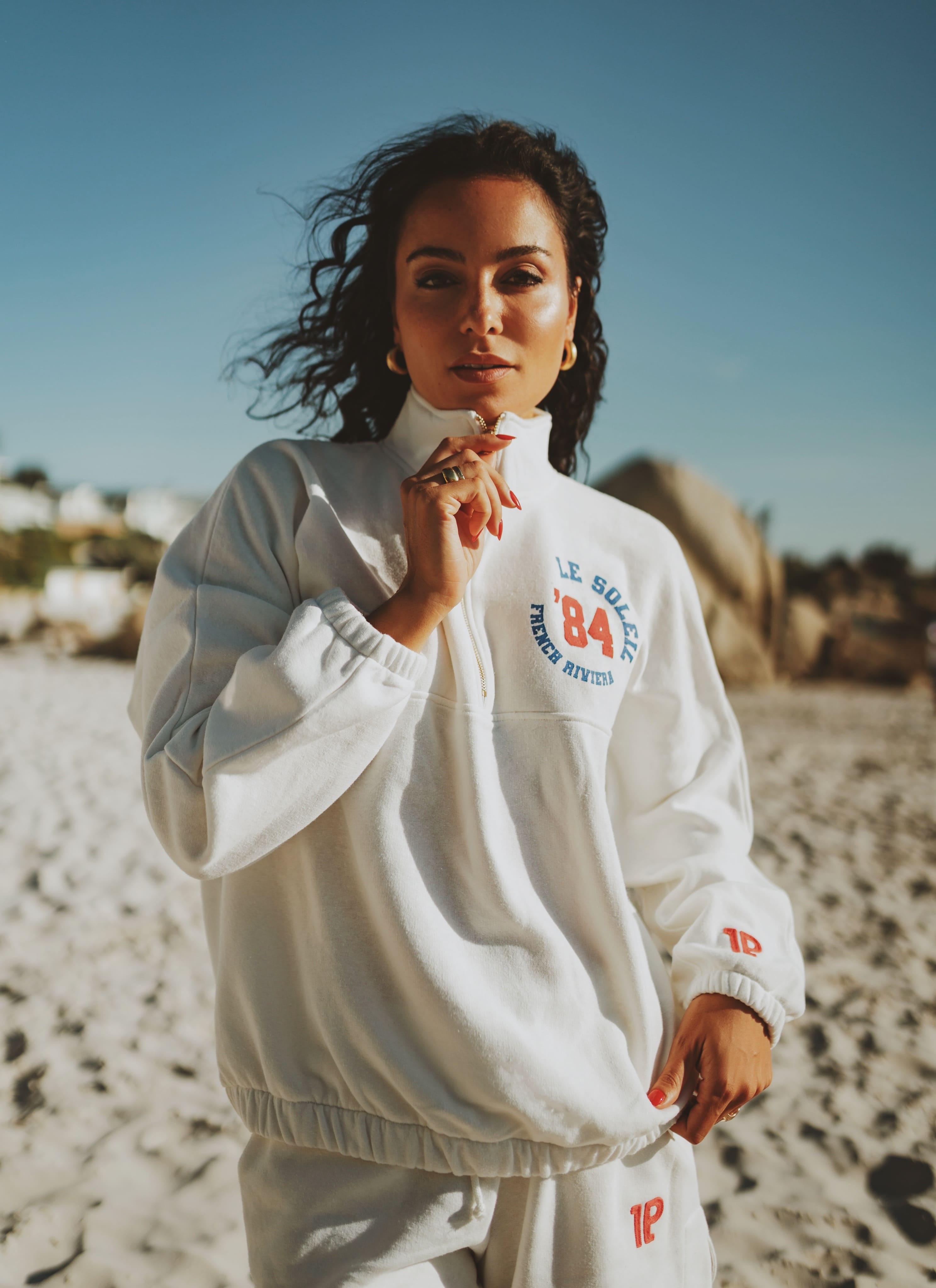 Zipped Sweater white melee with print 84